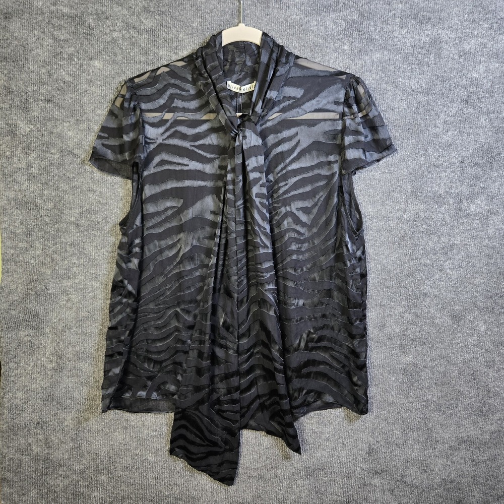Alice and Olivia Top Womens XL Black Velvet Burnout Tiger Tie Collar Jeannie New